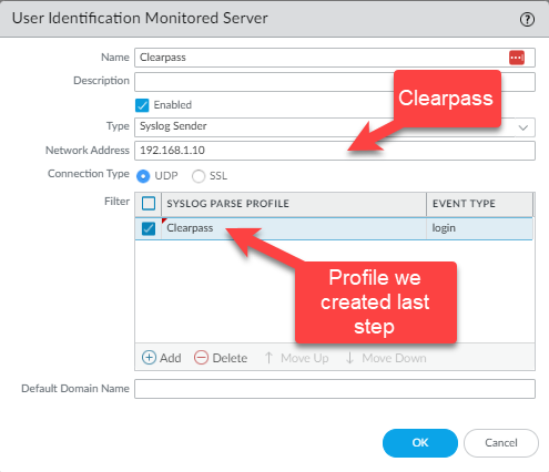 Aruba Clearpass syslog User-ID with Palo Alto