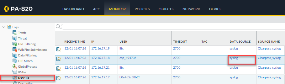 Aruba Clearpass syslog User-ID with Palo Alto